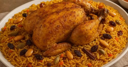 Customer's roasted Halal Whole Chicken on a platter of kabsa rice with almonds and raisins.