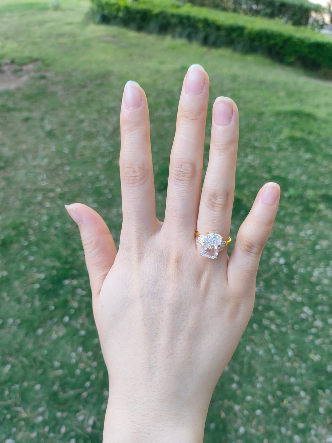 Customer photo review of S925 5.0Ct Radiant Cut Sterling Silver Side Stone Simulated Diamond Engagement Ring