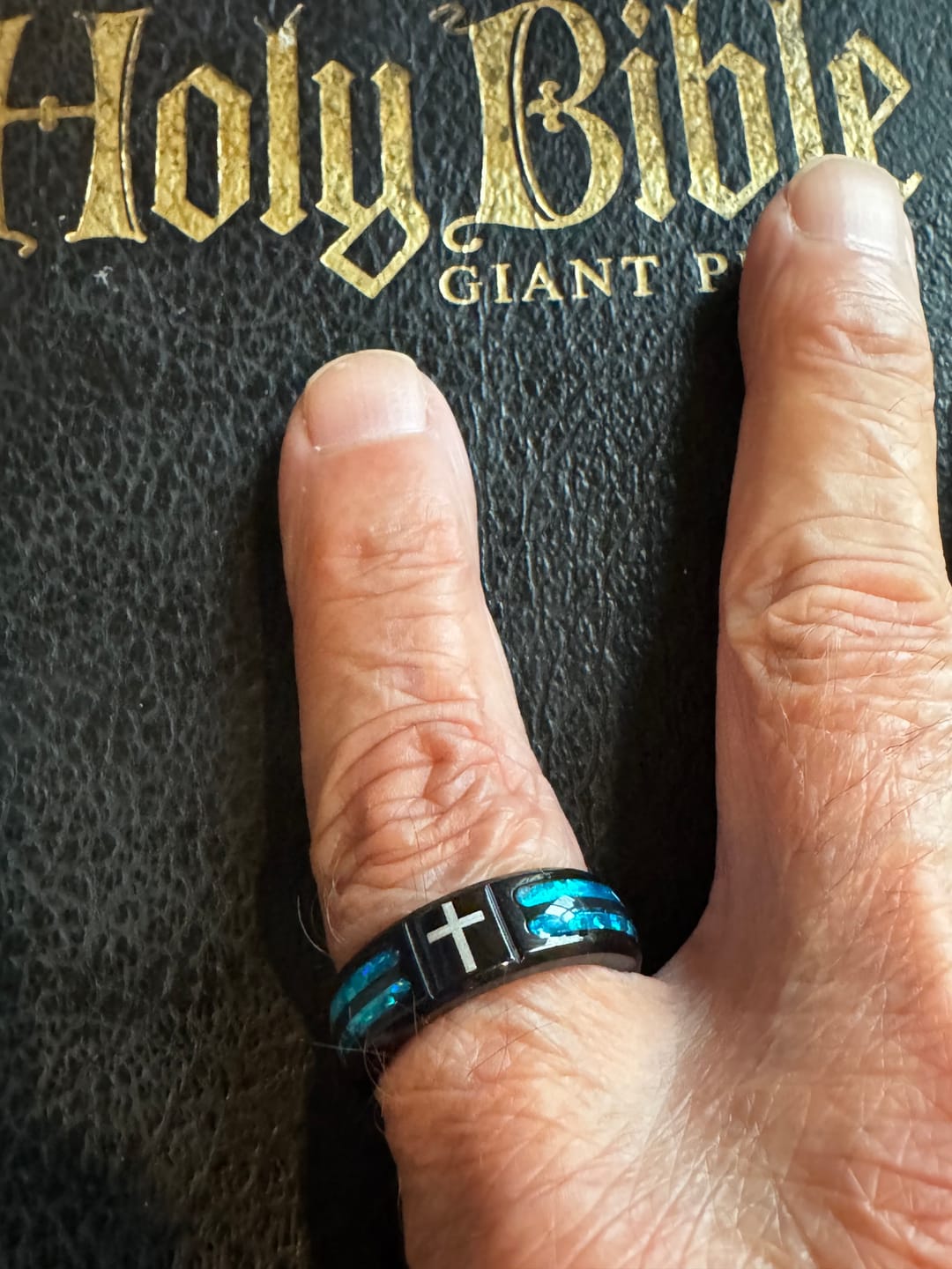 Customer photo review of FREE Today: Modern Titanium Steel Cross Ring with Laser Blue Inlay: Serenity in Christ's Blue Light