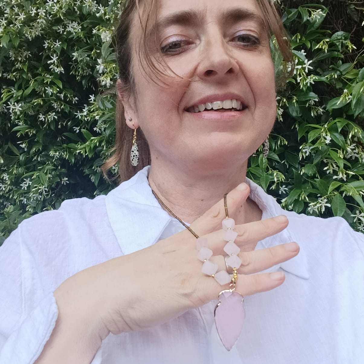 Customer photo review of Natural Rose Quartz Diamond Shaped Pendant Necklace
