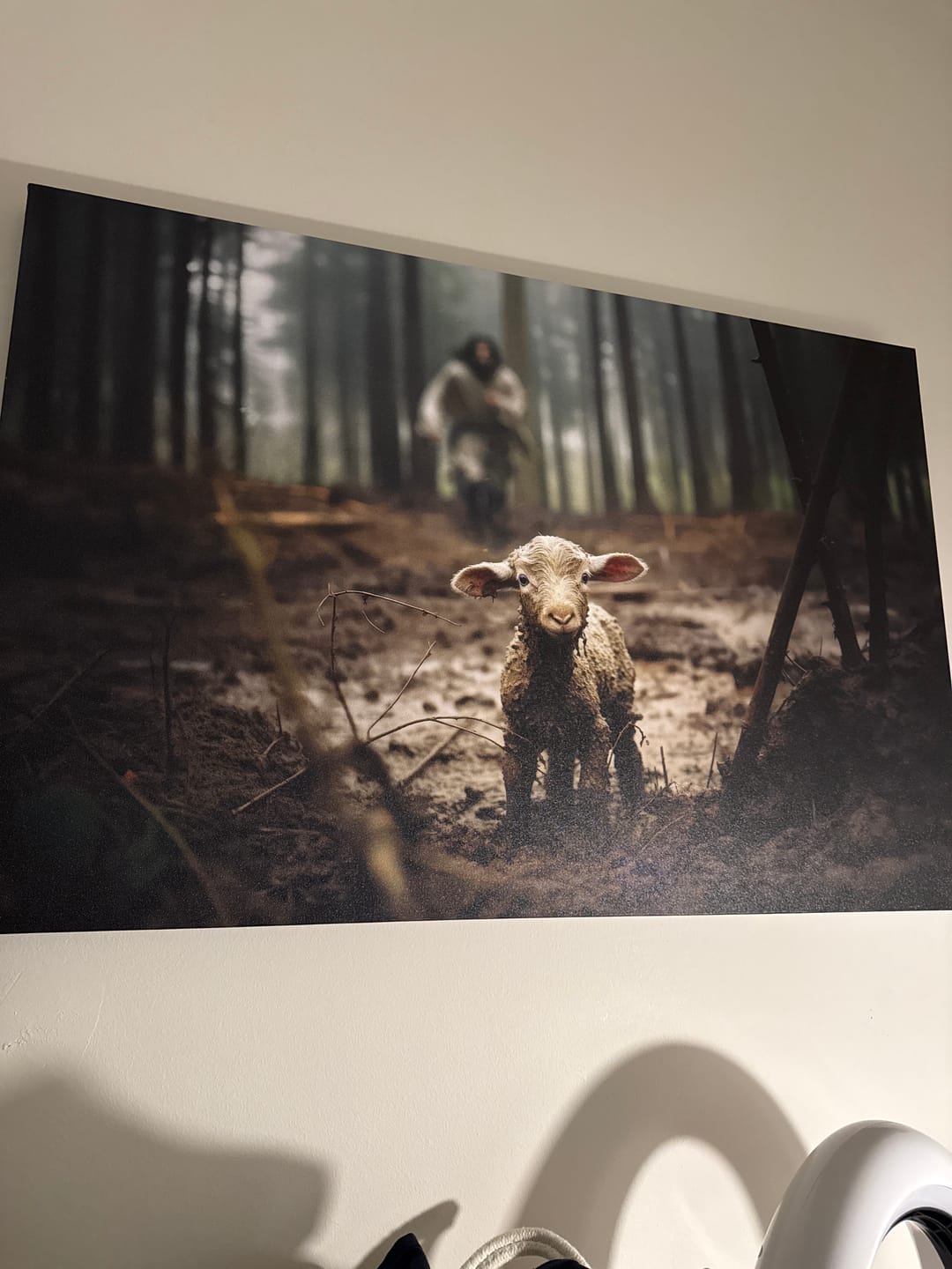 Customer photo review of Jesus Running After a Lost Lamb, Jesus and Lamb Picture, Wall Art Canvas