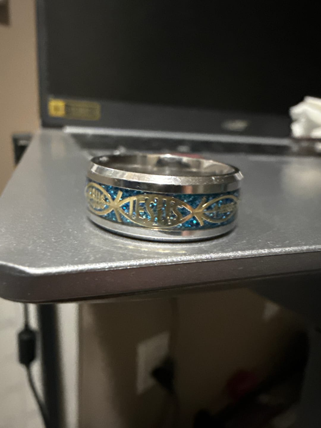 Customer photo review of Christianartworkshop Rustic Stainless Steel Ring: "Jesus" in Fish