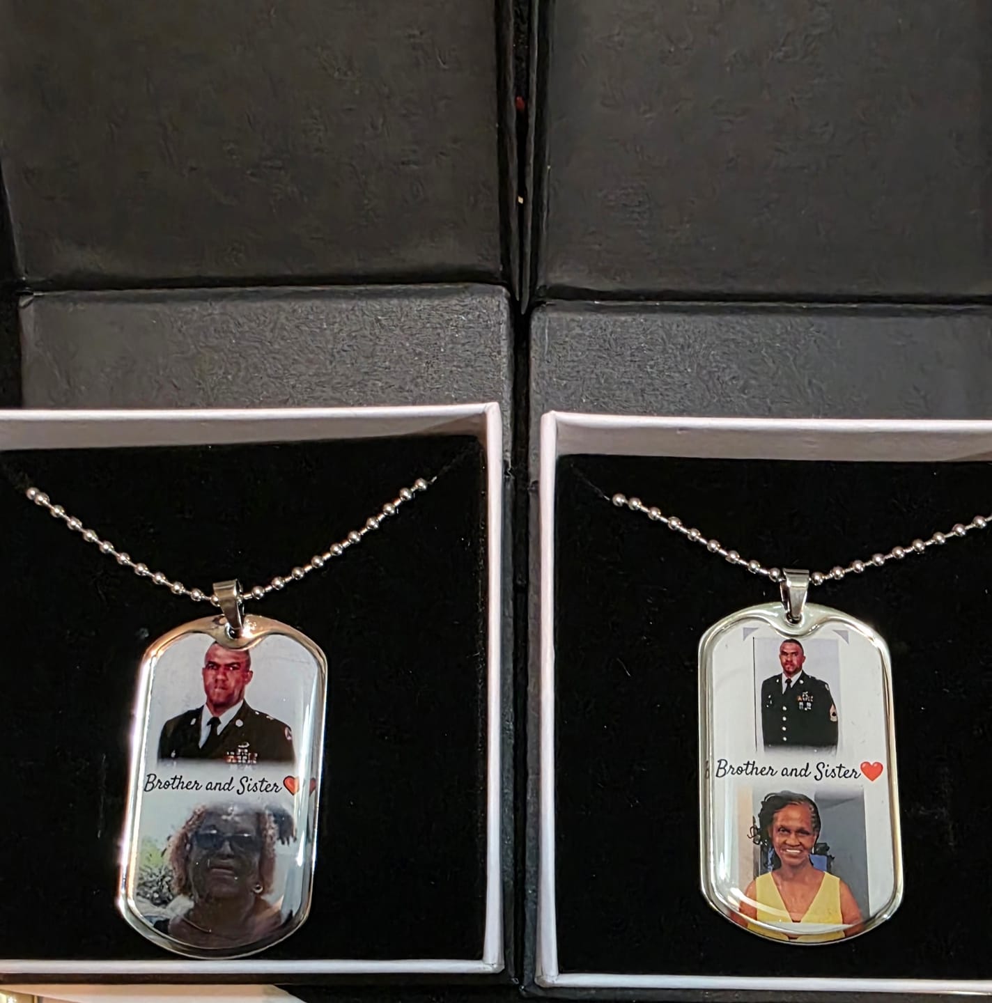 Customer photo review of Custom Name and 2 Photos Memorial Dog-tag Necklace Gift