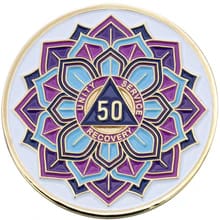 Customer photo review of 1 to 50 Year Sobriety Mint 'In Bloom' Lotus Flower Gold Plated AA Recovery Medallion/Chip/Coin - White