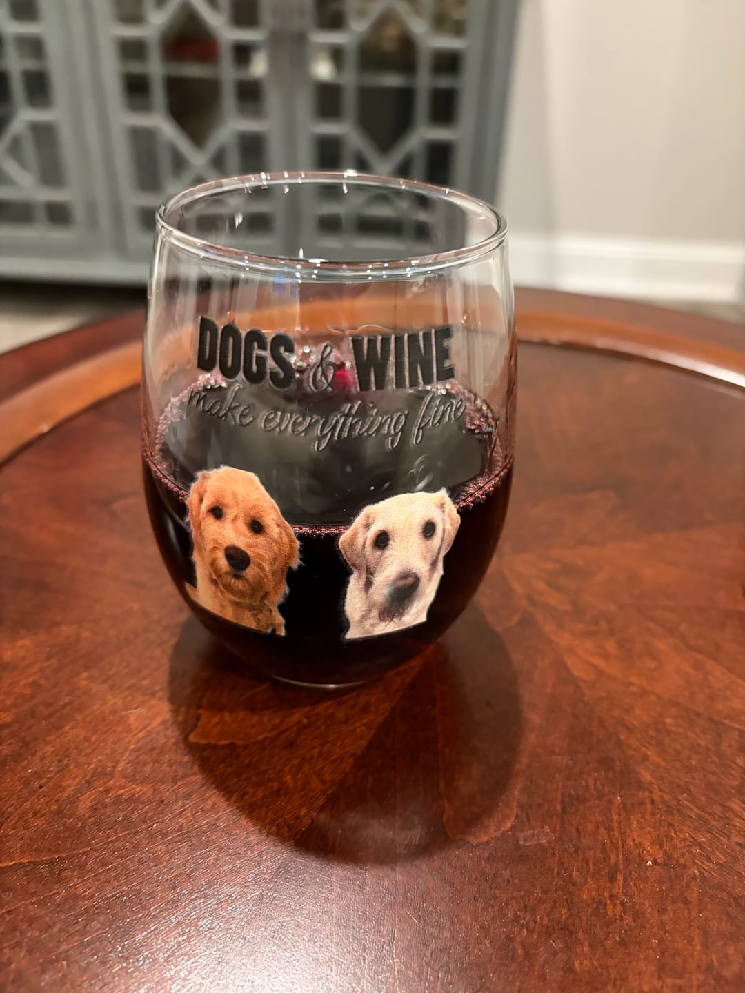 Customer photo review of Pets & wine make me fine -  Personalized Wine Glass
