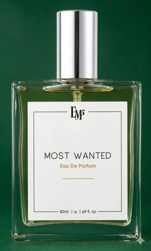 Customer's clear glass bottle of Most Wanted Eau De Parfum with a silver cap, set against a dark green background.