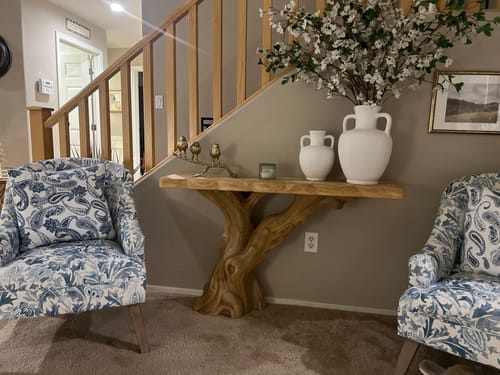 Customer photo review of Solid Wood Accent Table – Modern Sculptural Tri-Branch Design