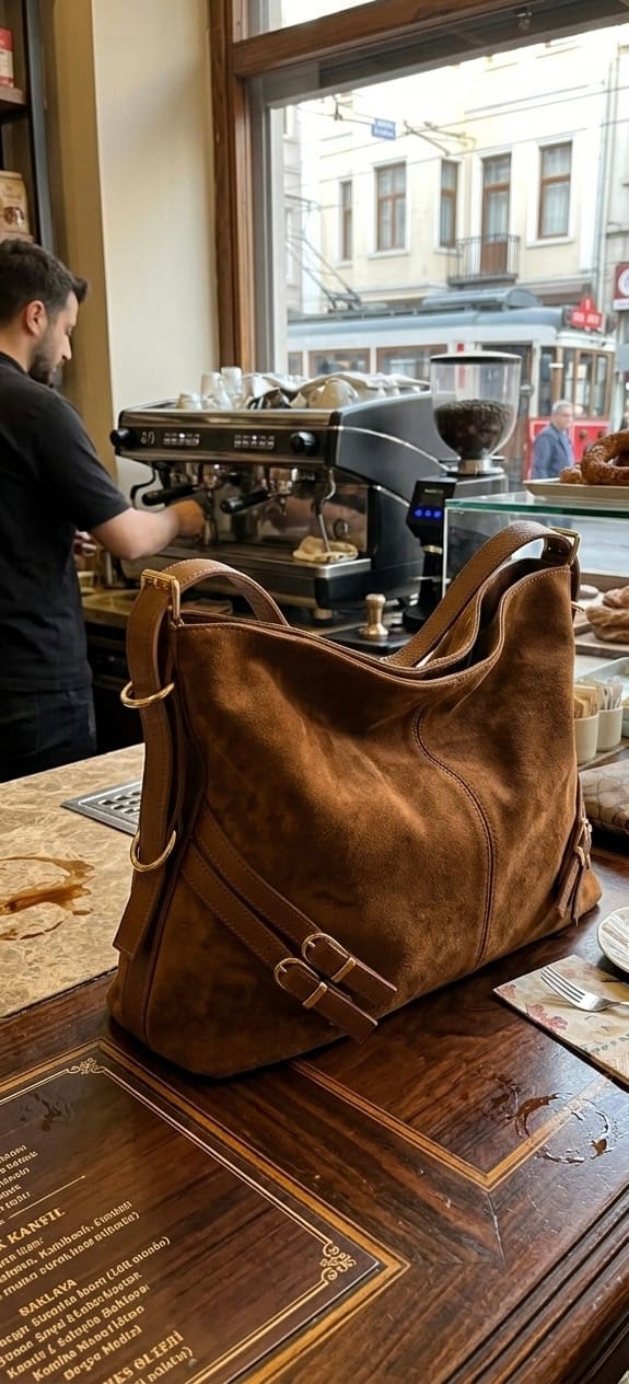 Customer photo review of DB No.8 | Hakiki Süet Deri Omuz Çantası | Taba