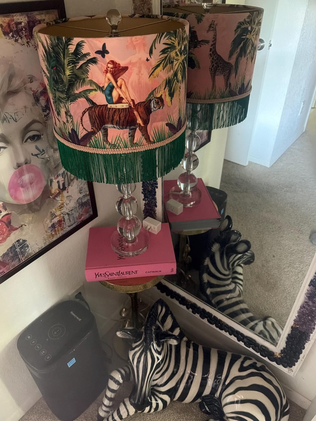 Customer photo review of Queen K Jungle Walk Pink Fringed Drum Lampshade