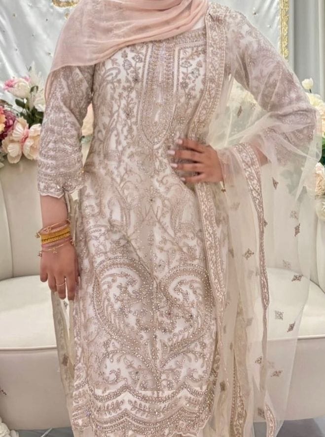 Customer photo review of Cream Embroidered Net Sharara Suit