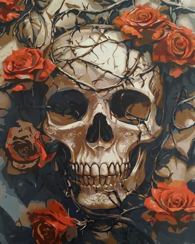 Customer's completed Romantic End paint-by-numbers art, showing a skull with thorny vines and red roses.