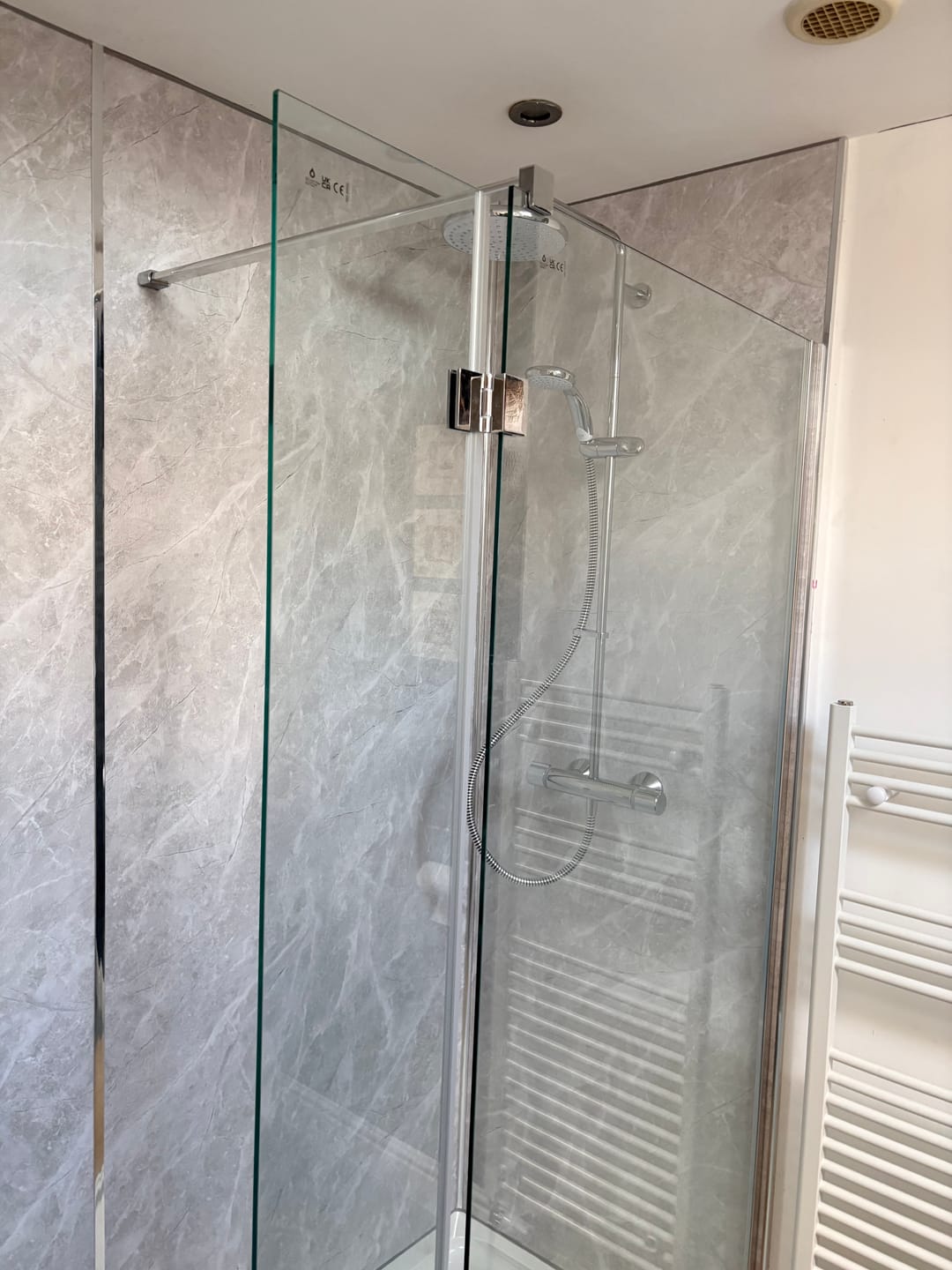 Customer photo review of Premium Light Grey Marble Matt Shower Wall Panel – 1M x 2.4M