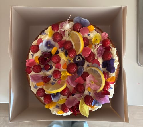 Reviewer's cake decorated with colorful RAINBOW FLOWERFETTI®, raspberries, and lemon slices in a box.