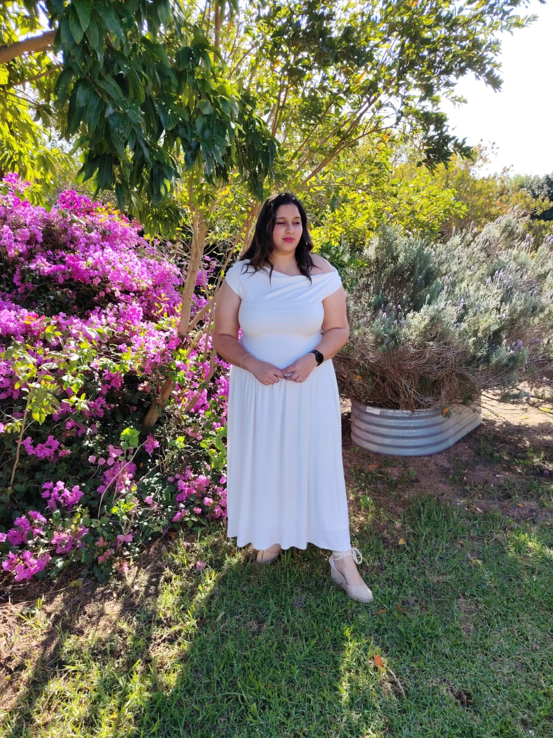 Customer photo review of Cream Cowl Neck Drop Waist Midi Dress