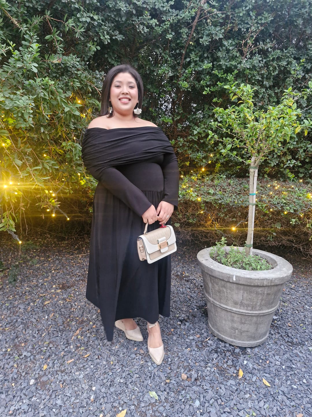 Customer photo review of Black Long Sleeved Off-Shoulder Drop Waist Dress