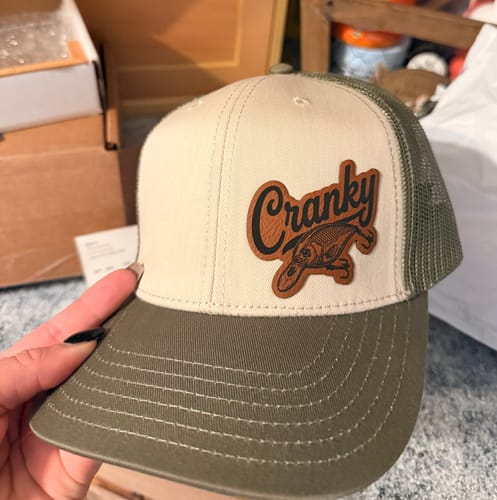 Customer photo review of Cranky, Crankbait Decal (left), Leather Patch Hat