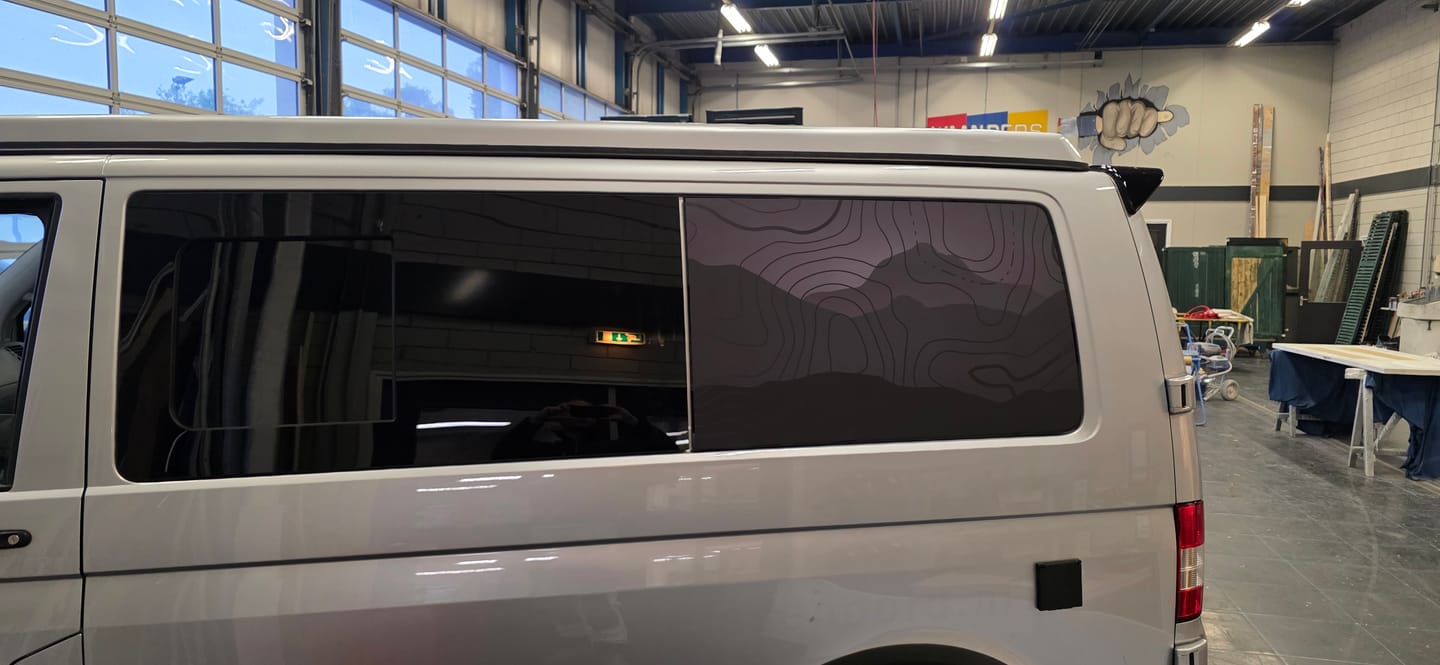 Customer photo review of Topographic Mountain Window Decal Set – VW Transporter / Multivan Compatible