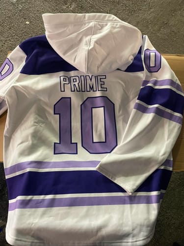 Customer photo review of Custom White Purple Raglan Sleeves Lace-Up Neck Breathable Hockey Hoodie Jersey
