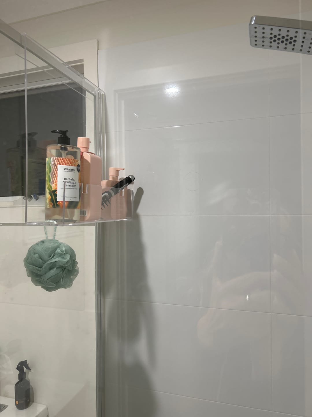 Customer photo review of Clear Acrylic Shower Shelf