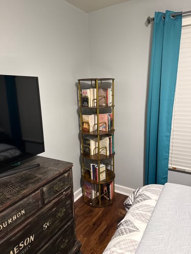 Customer photo review of Flycity 3-5 Tier Spinning Bookcase for Space-Saving Home & Corner Storage