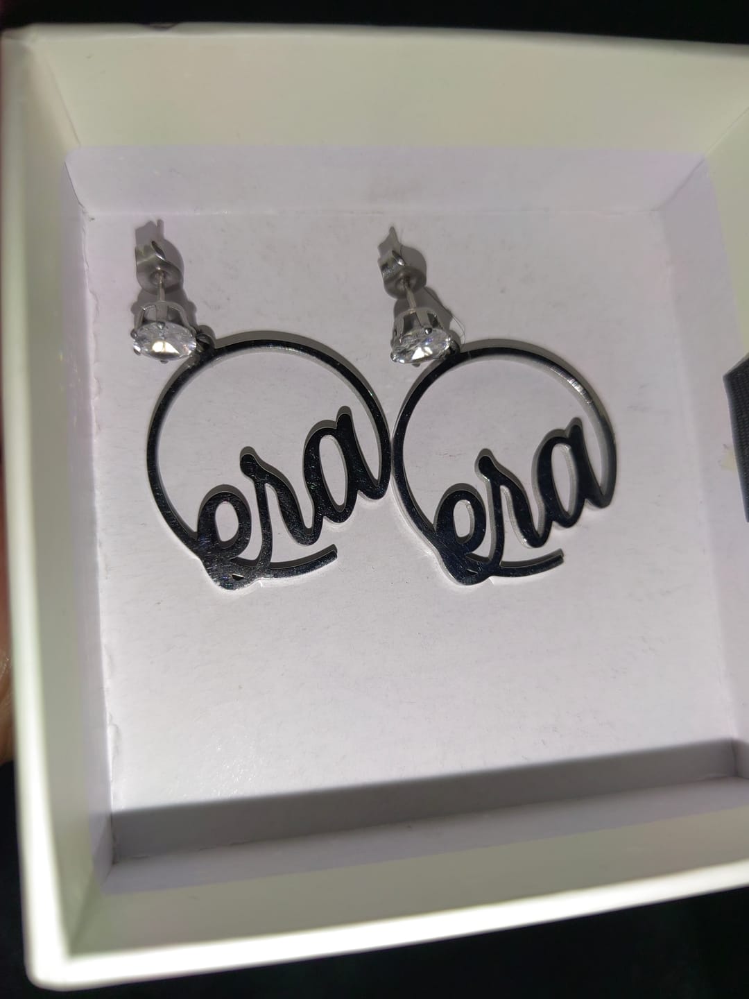 Customer photo review of Silver Era Halo Mini Drop Hoops ✨