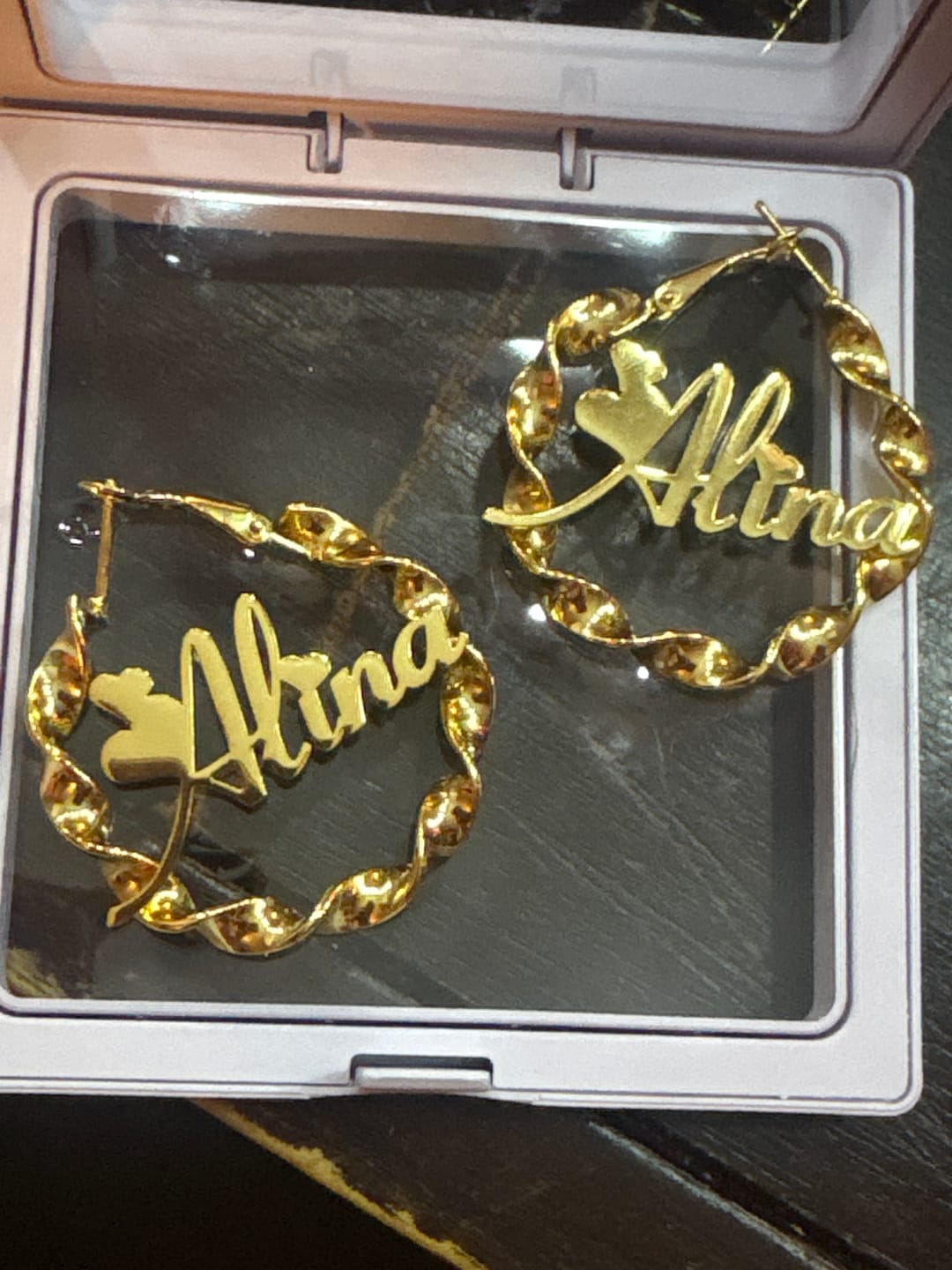 Customer photo review of Name Twirl Hoop Earrings
