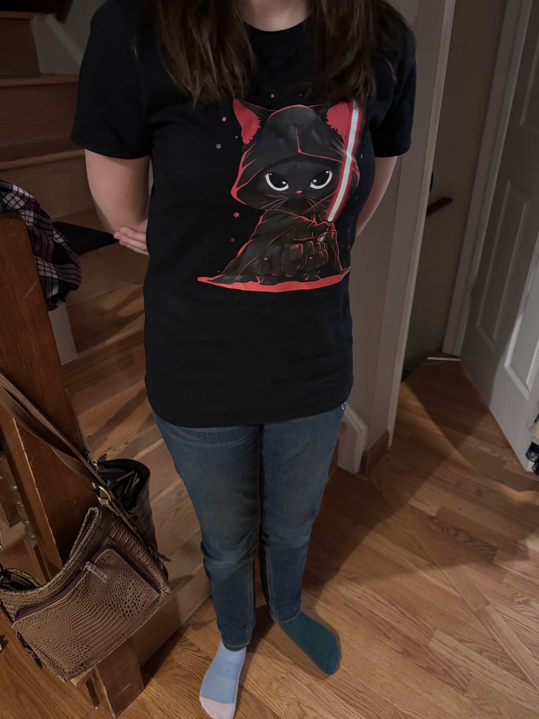 Customer photo review of Cat Vader Women's Slim Fit Tee: Embrace the Feline Dark Side!