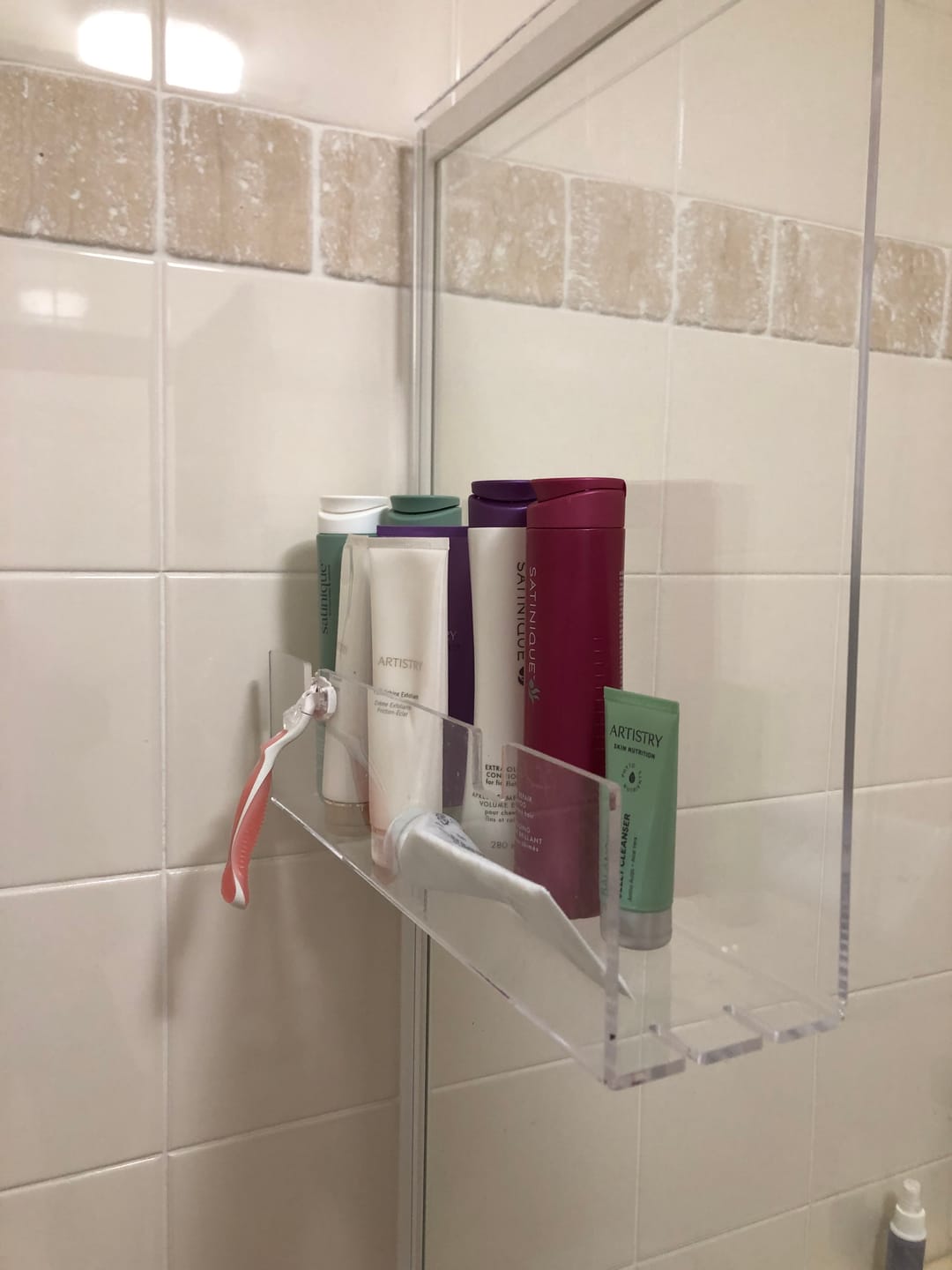Customer photo review of Clear Acrylic Shower Shelf