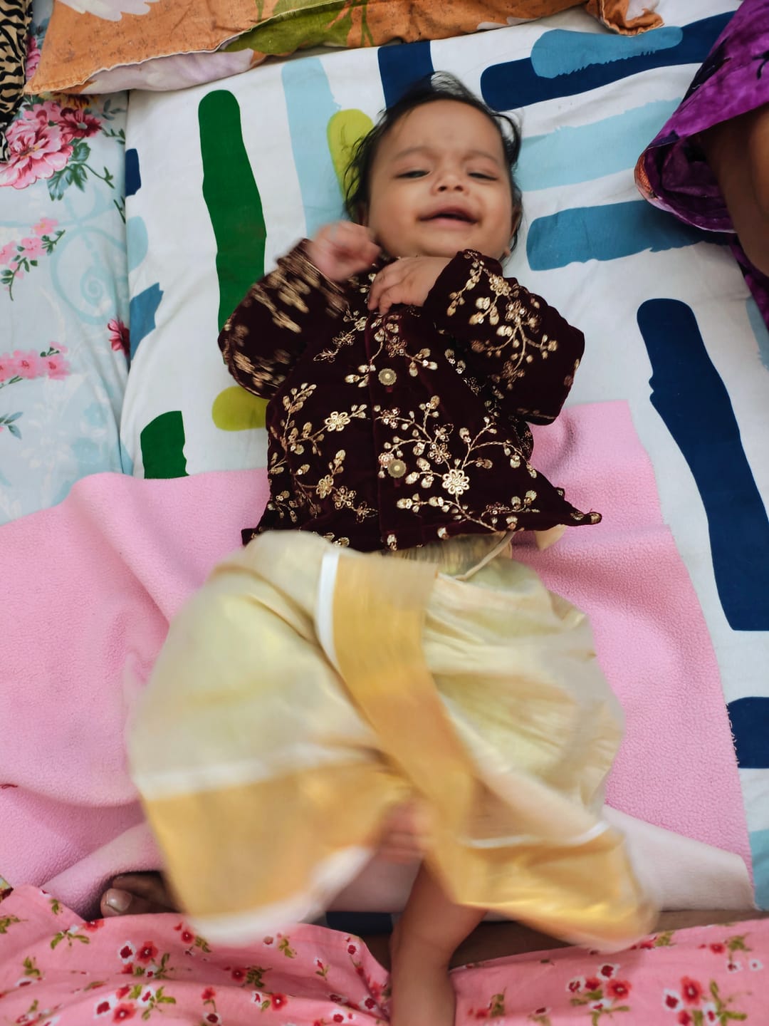 Customer photo review of Dhoti Kurta for Baby Boy – Maroon Velvet Embroidered Kurta with Gold Tissue Silk Dhoti