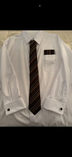 Customer photo review of Black Brown Striped Tie Pocket Square Cufflinks Set