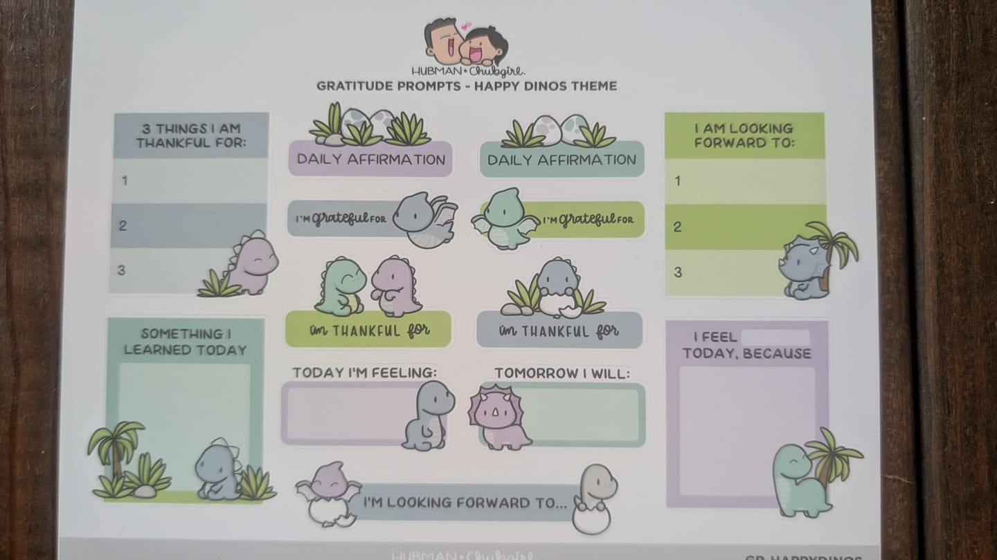 Customer photo review of Sticker Sheet - Gratitude Prompts Happy Dinos Theme