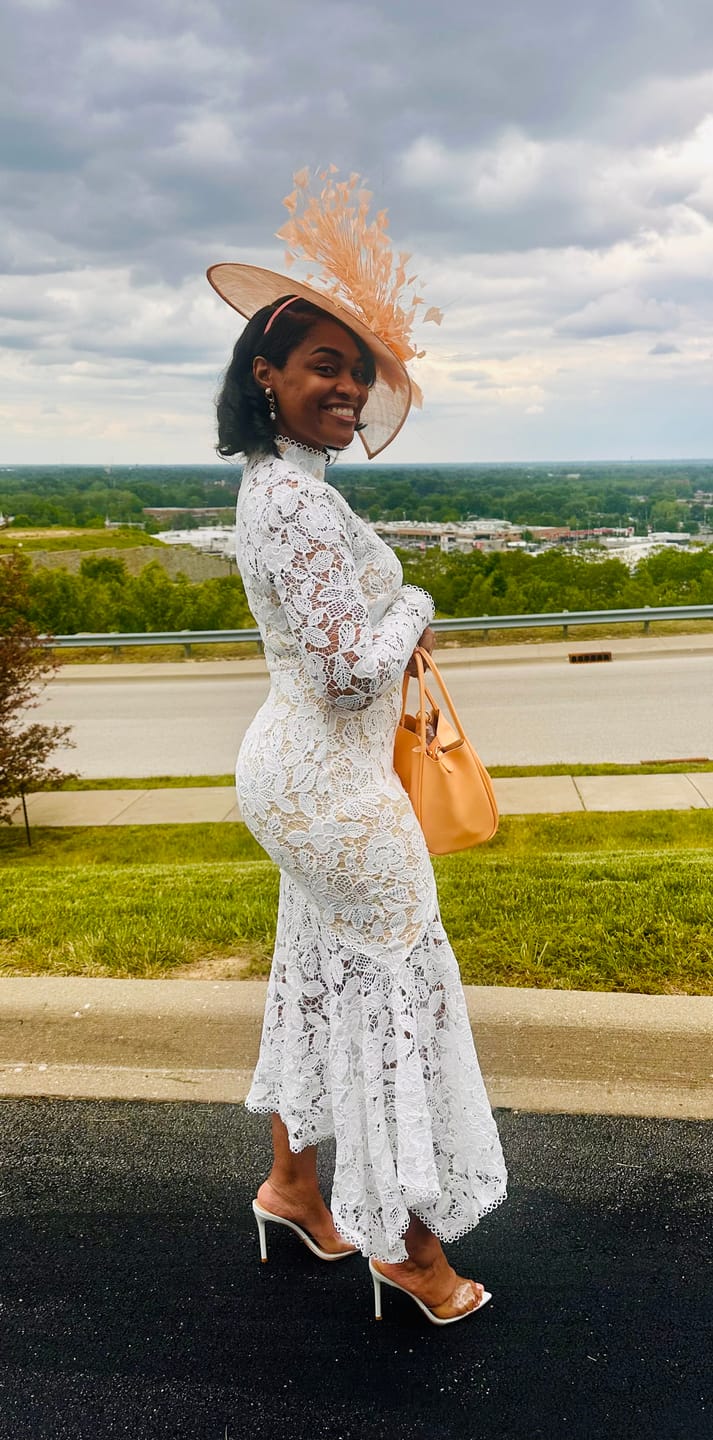 Customer photo review of Ishani Mock Neck Lace Midi Dress - White