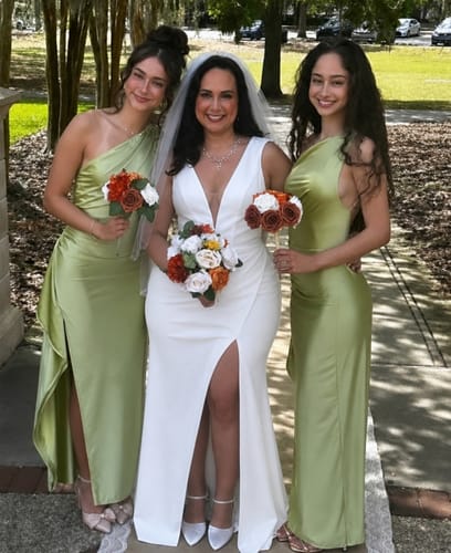 Customer photo review of Trumpet Mermaid Satin V Neck Wedding Dress WIth Slit