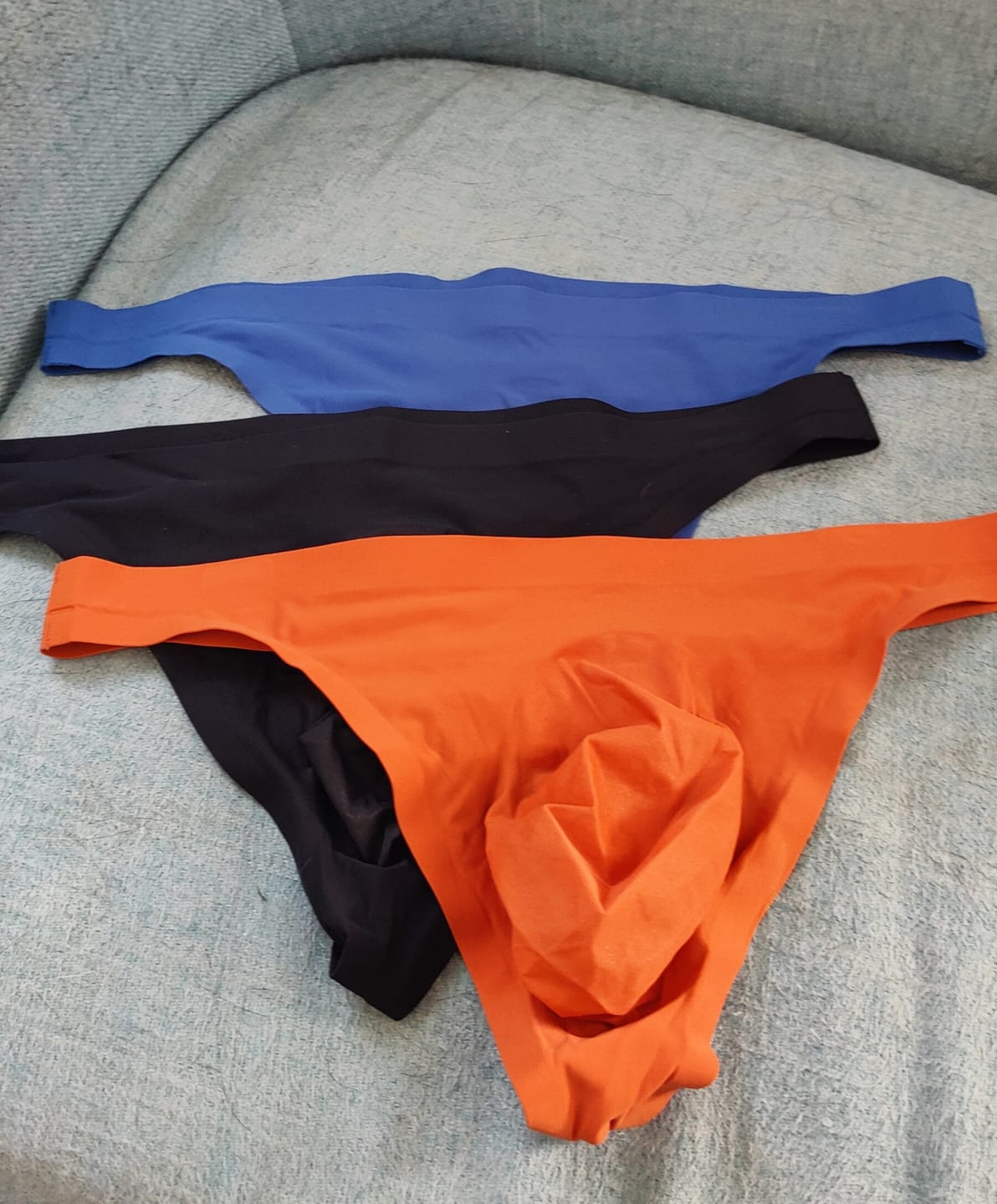Customer photo review of Brushed Nylon Seamless 0in Thongs No Fly 3pk Black/Nightfall/Red Stone
