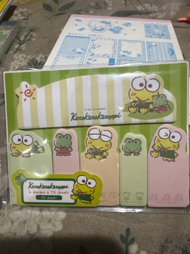 Customer's Keroppi version of the Sanrio Index Sticky Notes Set, displayed in its original packaging.