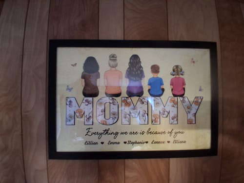 Customer's personalized 'Mommy' family poster, framed and displayed on a wood-paneled wall.