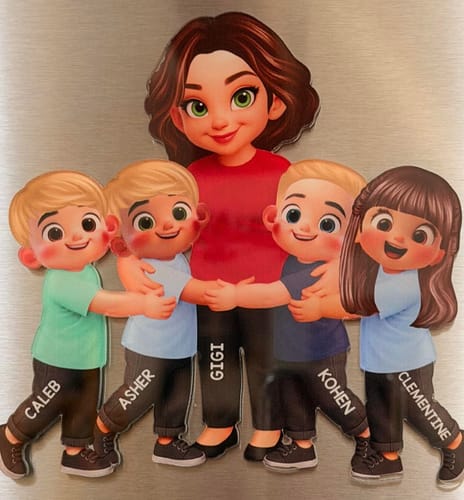 Customer's personalized acrylic fridge magnet showing a cartoon grandma 'Gigi' hugging her four grandchildren.