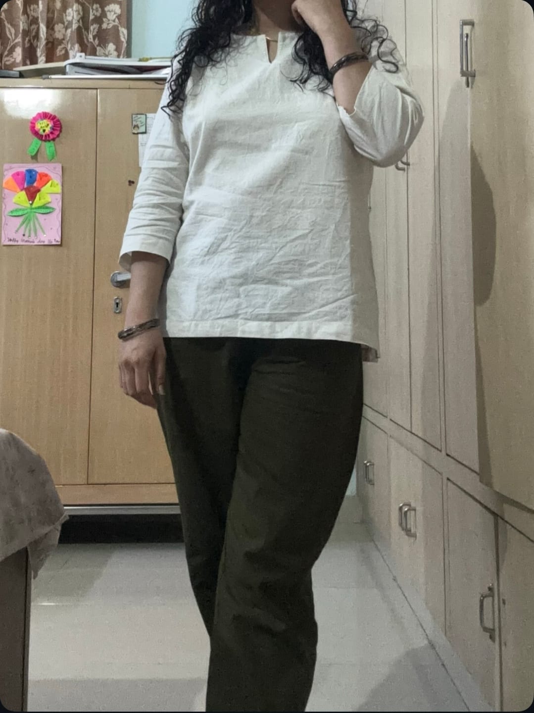 Customer photo review of Women Ecru Airy Linen Split Neck Short Kurta