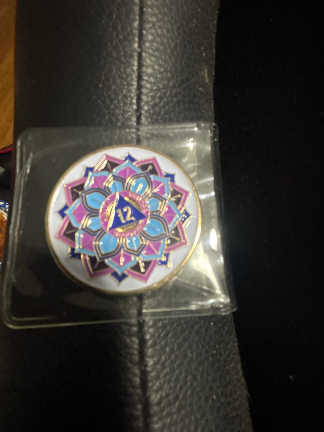 Customer photo review of 1 to 50 Year Sobriety Mint 'In Bloom' Lotus Flower Gold Plated AA Recovery Medallion/Chip/Coin - White