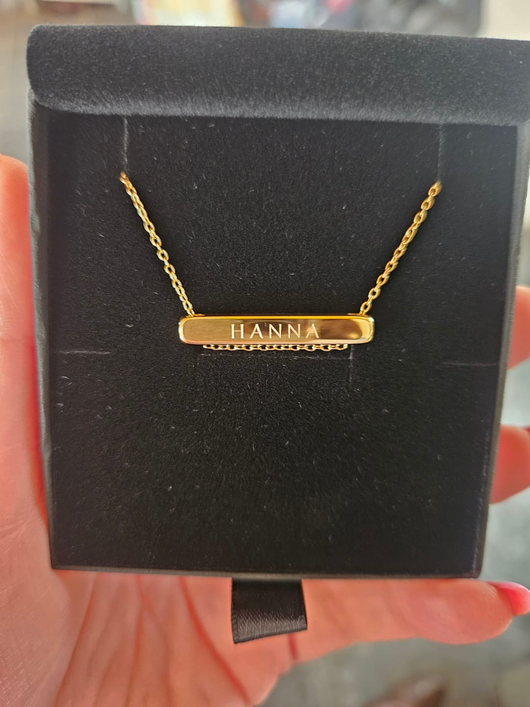 Customer photo review of 3cm Letter Bar Necklace in Gold Horizontal