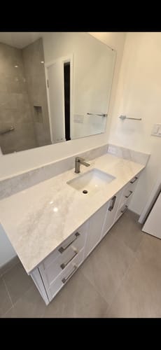 Customer photo review of Cape Breton 60" Satin White Bathroom Vanity
