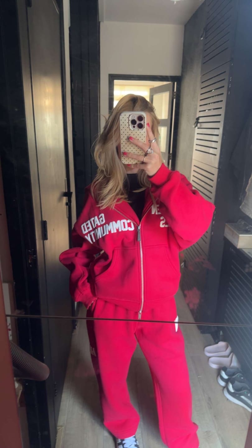 Customer photo review of GATED COMMUNITY STRAIGHT-LEG SWEATPANTS IN RASPBERRY RED