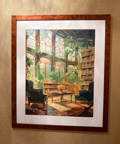 Customer's completed Lush Green Book Nook paint-by-numbers, framed and showing a sunlit library with plants.