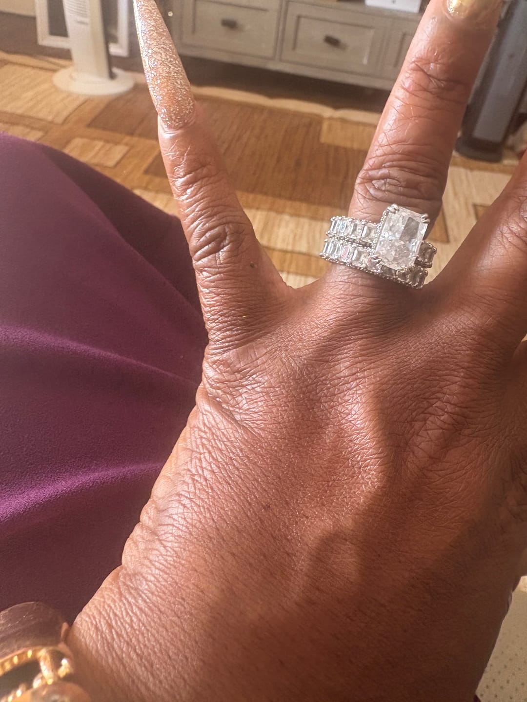 Customer photo review of Glistening-hued Radiant Cut 5.0ct Pave 925 Sterling Silver Wedding Ring Set