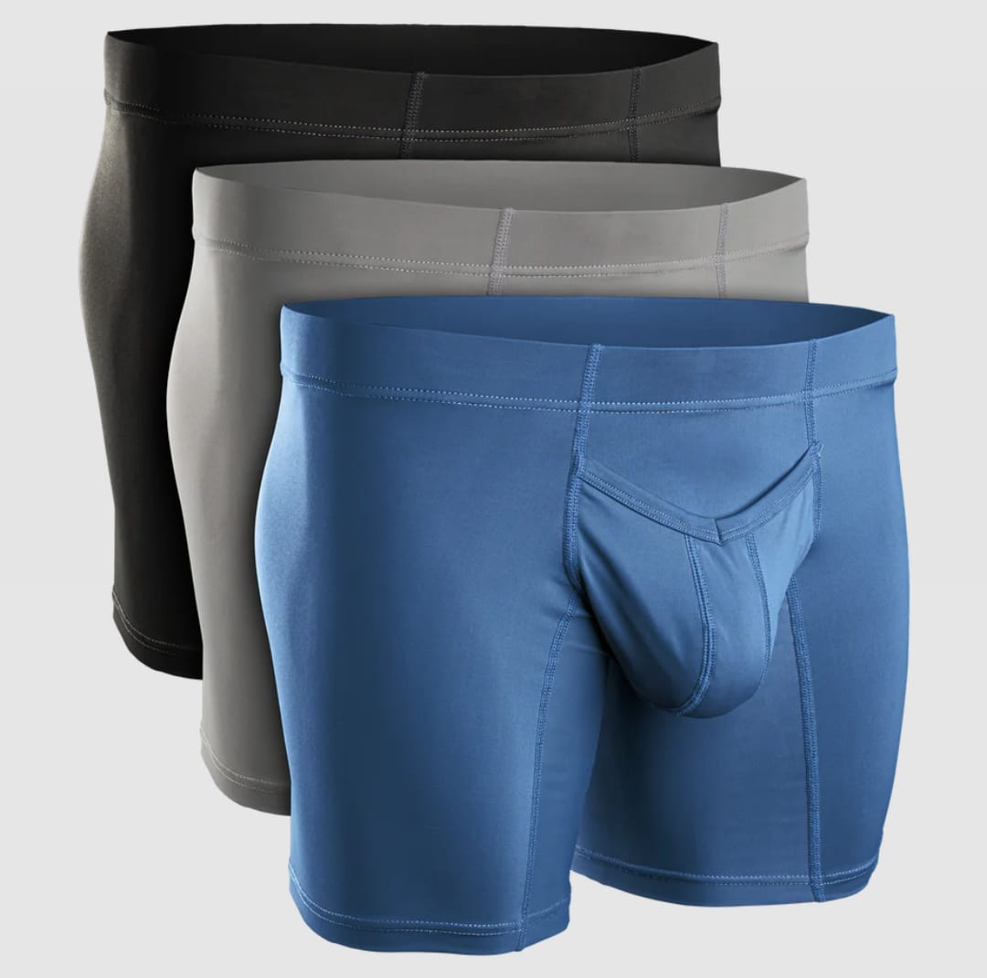 Customer photo review of Nylon 7in Boxer Briefs V-Fly 3pk Black/Dark Blue/Gray