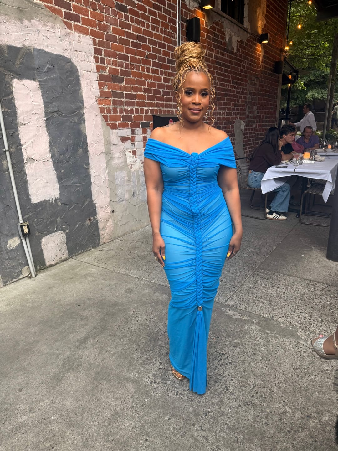 Customer photo review of Luxe Goddess Ruched Mesh Maxi Dress Blue