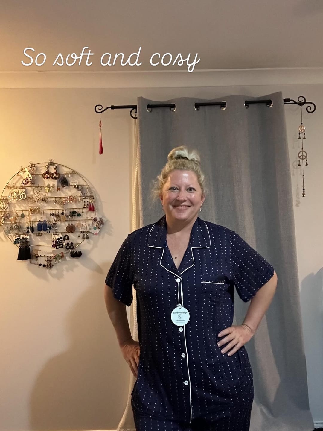 Customer photo review of Navy Polka Dot Bamboo Pyjama Set – Short Sleeve & Long Pants : Dorothy (S,2XL)