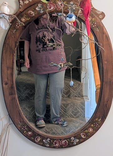 Reviewer wearing the relaxed-fit, berry-colored Go Outside T-shirt, seen in a mirror selfie.
