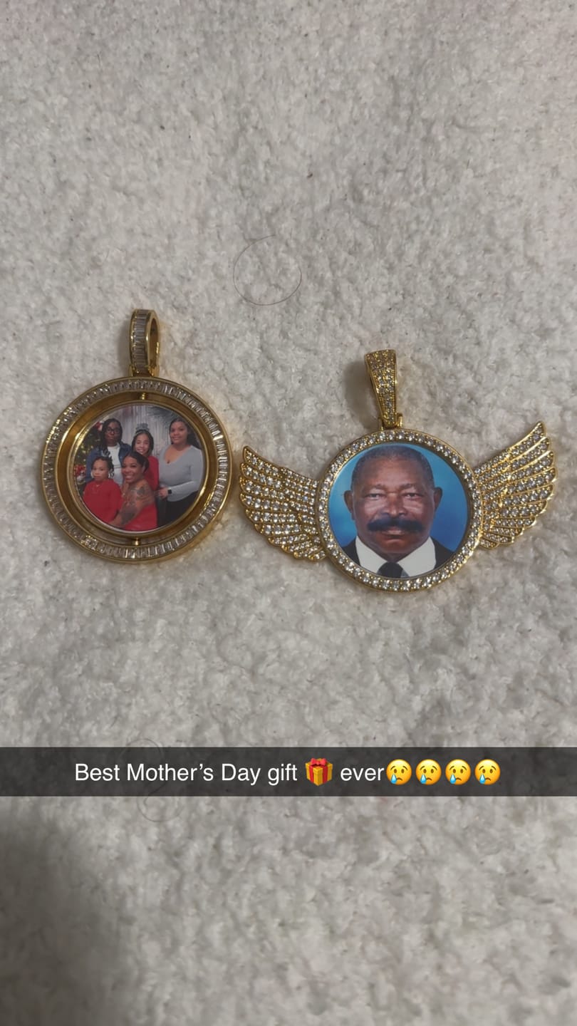 Customer photo review of 3D Winged Round Photo Diamond Iced-Out Pendant