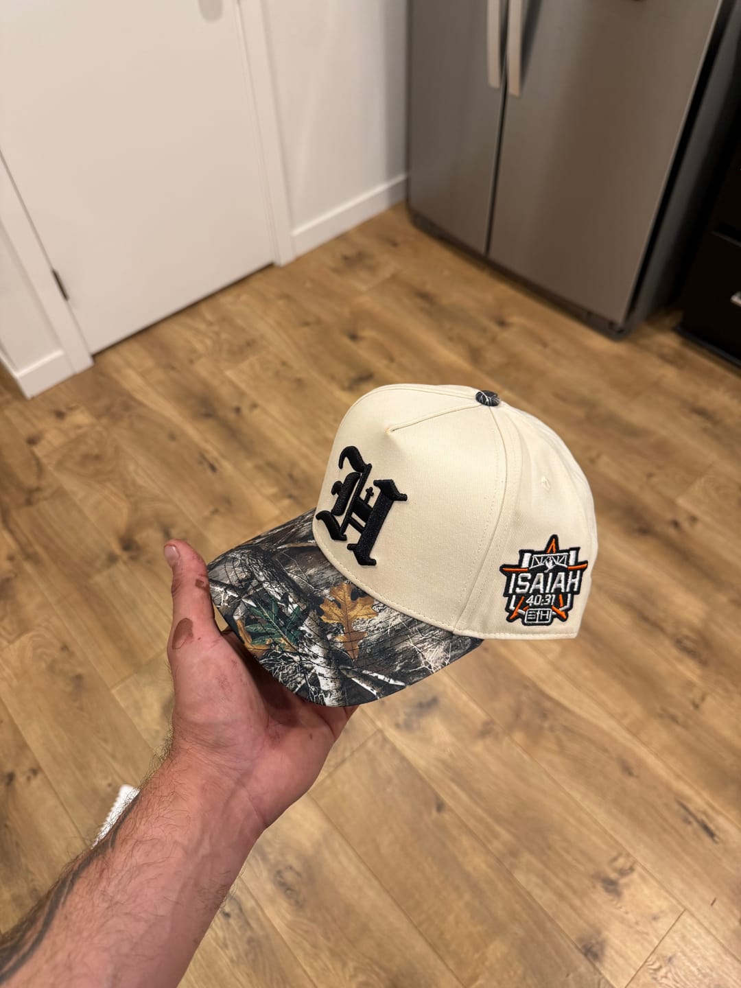 Customer photo review of Cream & Camo Brim Hat